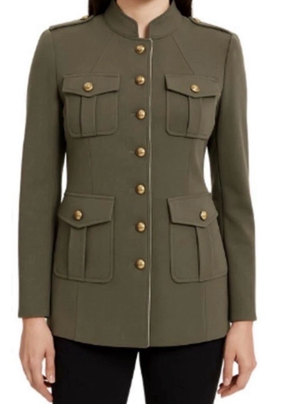 White House Black Market Olive Military-Inspired Jacket with Brass Buttons
